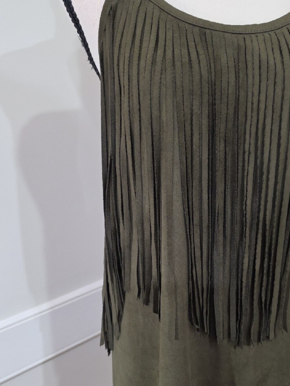 YA Los Angeles Olive Green Faux Suede Fringe Mini Dress - Size Small - Picture 6 of 13